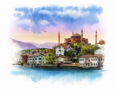 Istanbul, Türkiye'de denizden görüntüleyin. Ayasofya Müzesi. Suluboya kroki