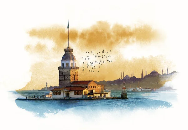 Istanbul, Türkiye'de ilk kule şafakta. Suluboya kroki