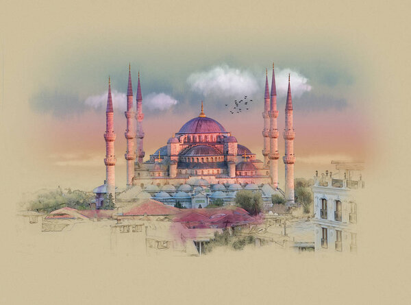 Bright pink sunset in Istanbul, Turkey. The Hagia Sophia. Watercolor sketch.