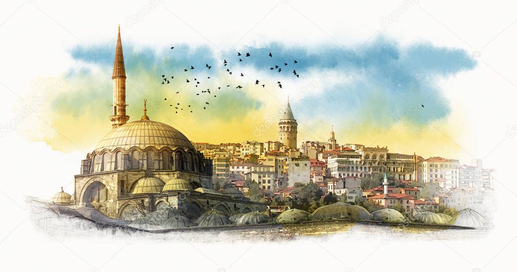 Sunny day in Istanbul, Turkey. Panorama of the city, Hagia Sophia. Watercolor sketch.