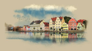 Eski Avrupa şehir, Münih, Almanya tarafından Landshut. Suluboya kroki