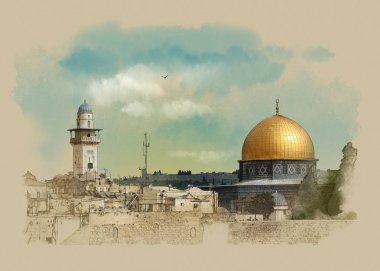 Jerusalem eski şehir Rock kubbe ile doğal görünümünü. Suluboya kroki.