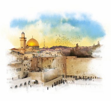 Jerusalem eski şehir Rock kubbe ile doğal görünümünü. Suluboya kroki.