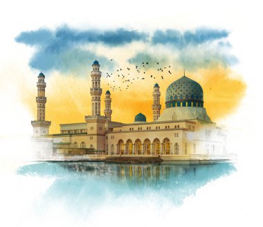 Kota Kinabalu Malezya camide yüzer. Mimari suluboya kroki.