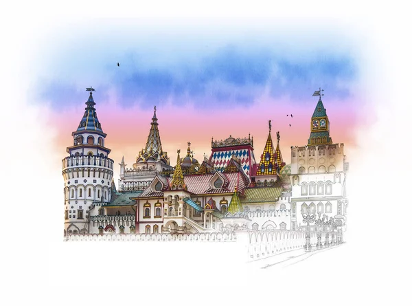 Izmailovo Kreml Moskva Ryska Akvarell Skiss — Stockfoto
