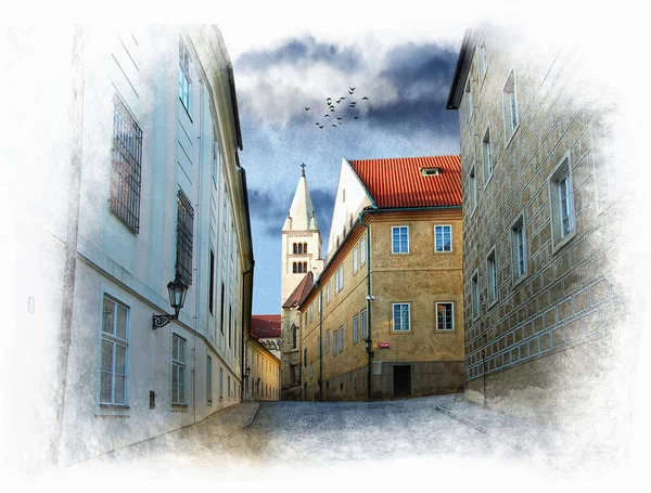 布拉格 老城区的美丽景色 水彩素描 — 图库照片