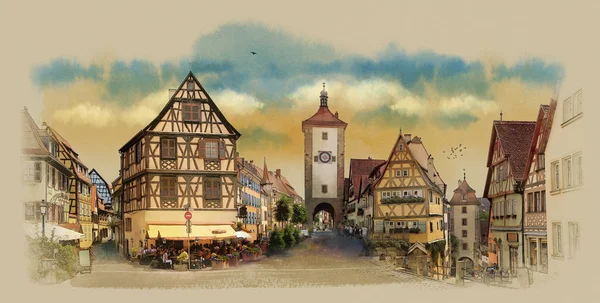 Schöne Aussicht Auf Bunte Romantische Stadt Colmar Frankreich Elsass Aquarellskizze — Stockfoto