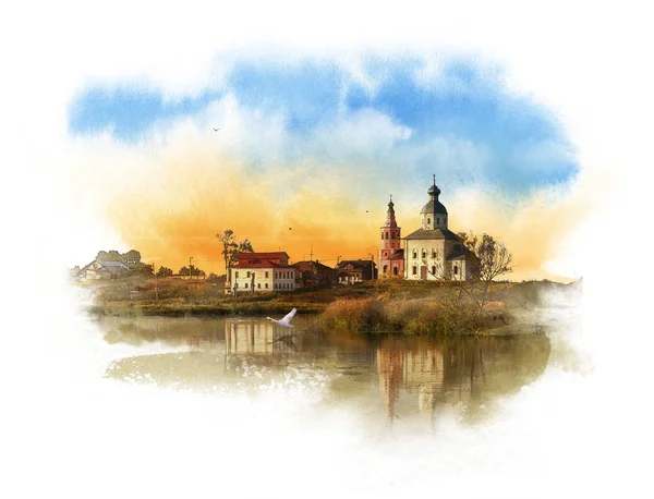 The Church of Elijah the prophet on mount Ivan in Suzdal. Evening landscape. The Golden Ring Of Russia. Watercolor sketch