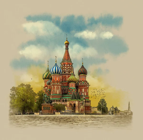 Praça Vermelha Ivan Abençoada Catedral Moscou Rússia Esboço Aquarela — Fotografia de Stock