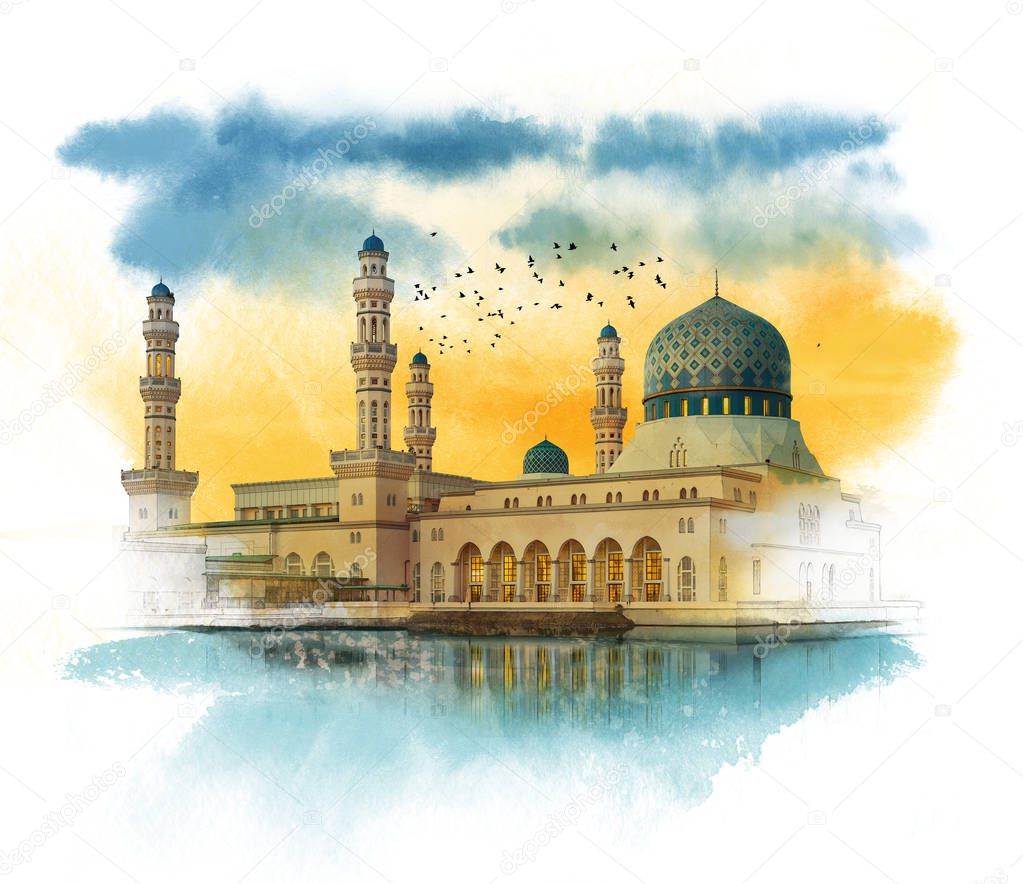 Floating mosque in Kota Kinabalu in Malaysia. Architectural watercolor sketch.