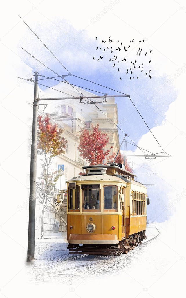 Old yellow tram, Lisbon, Portugal. Watercolor sketch