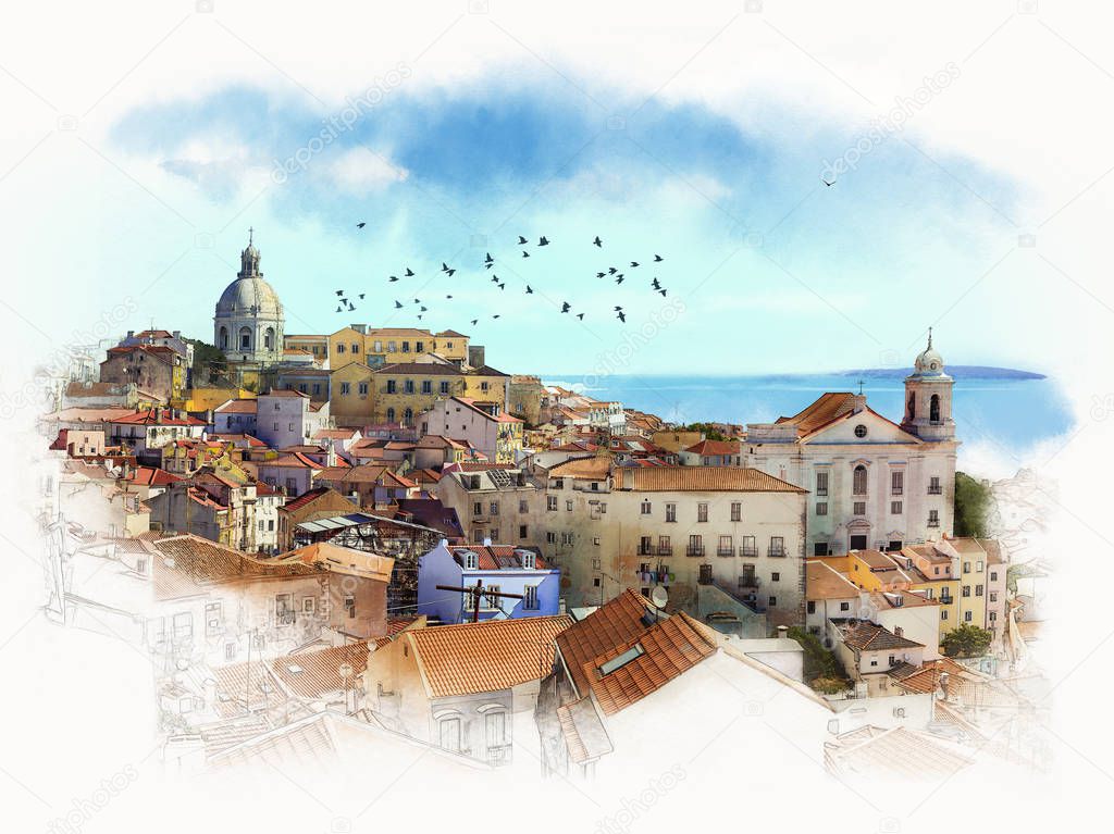 Lisbon, Portugal, Panoramic view cityscape. Watercolor sketch