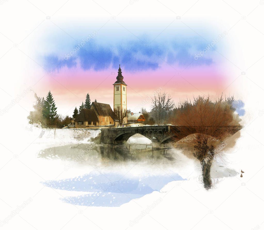 Winter landscape, Church dedicated to John the Baptist in Ribcev Laz on the Bohinj Lake, in Slovenia. Watercolor sketch.