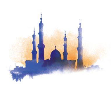 The silhouette of the mosque with minarets on a watercolor background. Islamic Muslim holiday. watercolor sunset month Ramadan Kareem. clipart