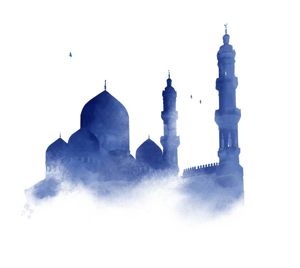 Aquarell Silhouette Einer Moschee Mit Minaretten Islamischer Muslimischer Feiertag Die — Stockfoto