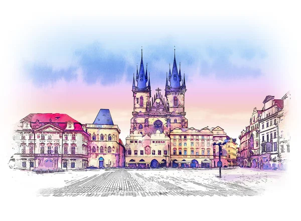 Praça Cidade Velha Praga República Checa Esboço Aquarela — Fotografia de Stock