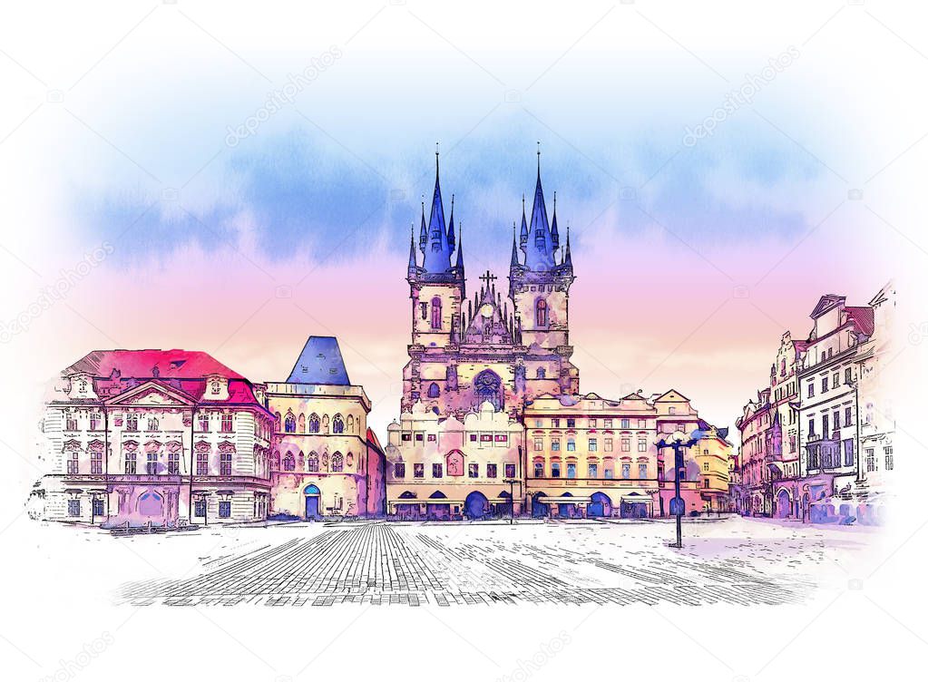 Old town square in Prague, Czech Republic. Watercolor sketch.