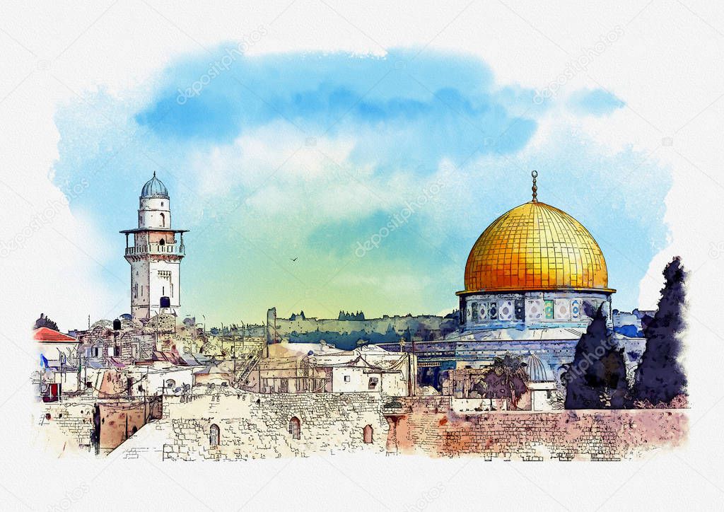 Al-Aqsa mosque and Dome of the Rock in Jerusalem, Israel. Watercolor sketch.