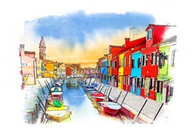 Burano Adası, Venedik, İtalya. Suluboya kroki