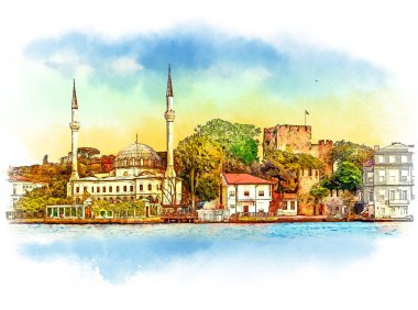 Istanbul, Türkiye Panoraması. Suluboya kroki