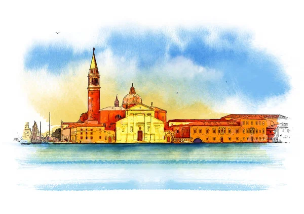 Ilha San Giorgio Veneza Itália Esboço Aquarela — Fotografia de Stock