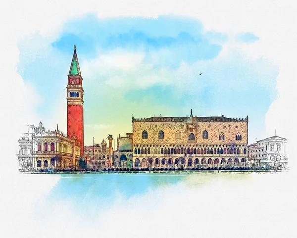 Akvarell Vázlat Velence Olaszország — Stock Fotó