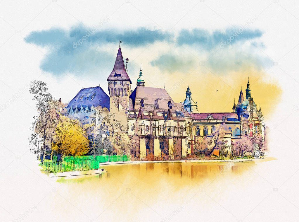 Vajdahunyad castle view from lakeside. Budapest, Hungary. Watercolor sketch