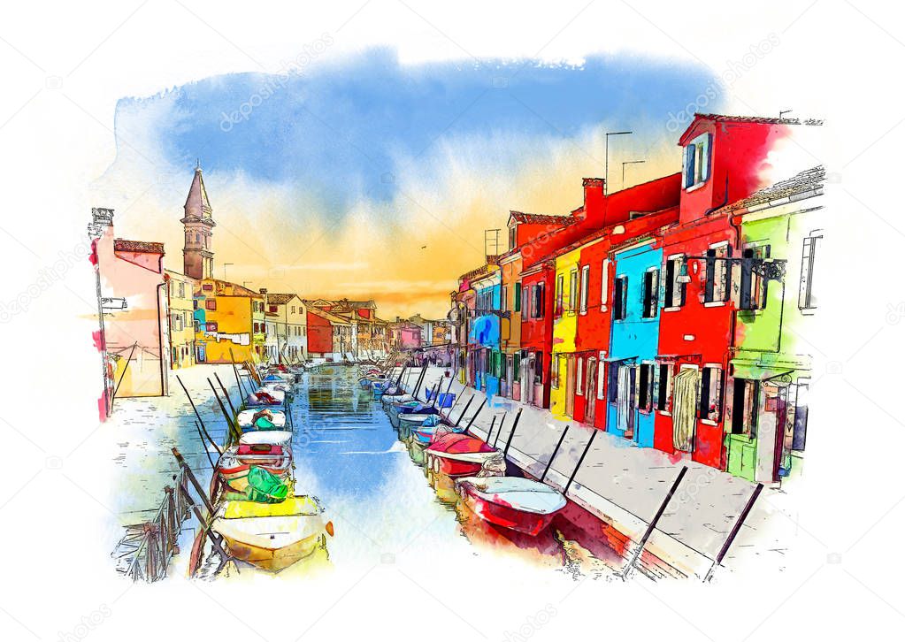 Burano island, Venice, Italy. Watercolor sketch