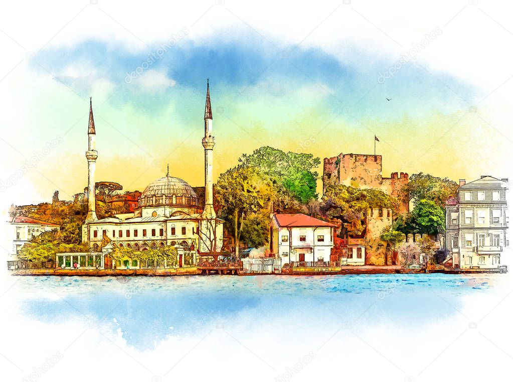 Panorama of Istanbul, Turkey. Watercolor sketch