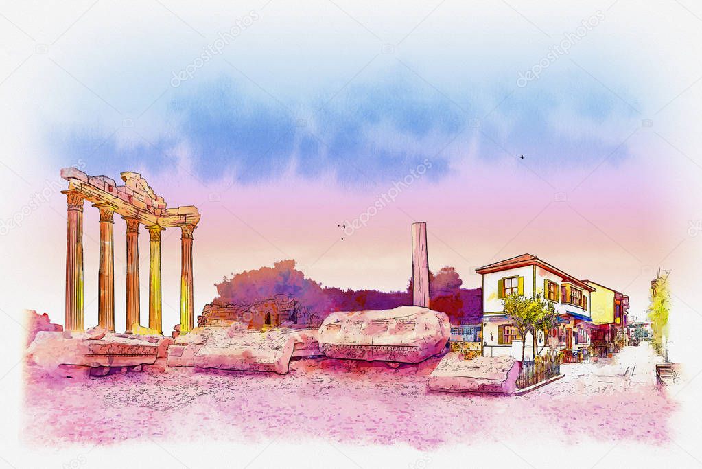Temple of Apollo in Side Town of Antalya Province, Turkey. Watercolor sketch