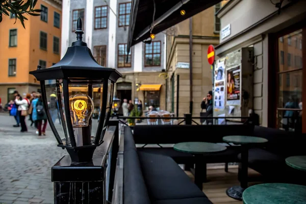 Restaurante Acolhedor Com Uma Bela Lanterna Rua Gamla Stan Estocolmo — Fotografia de Stock