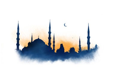 Ayasofya, İstanbul, Türkiye. Suluboya eskiz. Parlak turuncu gün batımı.