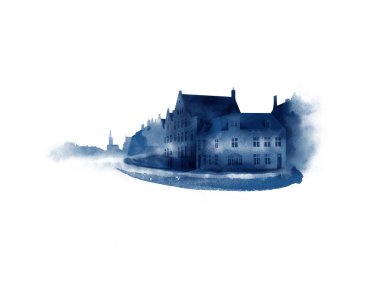 Evlerle, Bruges 'le, Belçika' yla manzara. Beyaz kağıda suluboya çizim