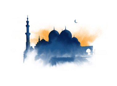 Mimari manzara günbatımı, Şeyh Zayed Camii, Abu Dabi, BAE. Beyaz kağıda suluboya çizim.