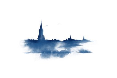 Oxford 'daki eski İngiliz manzarası. Beyaz kağıda suluboya çizim.
