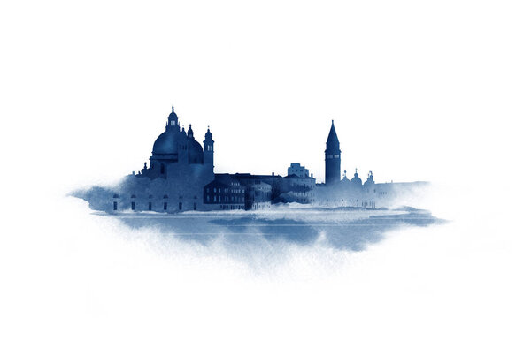 Panoramic view of San Giorgio Maggiore island, Venice, Veneto, Italy. Watercolor sketch.