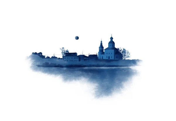 Kék Hold Suzdal Felett Oroszország Akvarell Vázlat Fehér Papírra — Stock Fotó