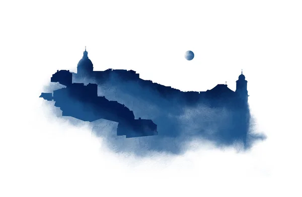葡萄牙里斯本上空的蓝月亮 白纸上的水彩画 — 图库照片