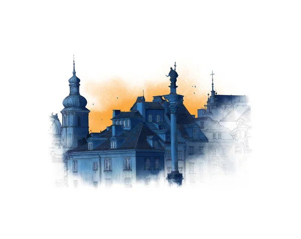 ワルシャワの街の空中ビュー 水彩画のスケッチ ポーランド — ストック写真