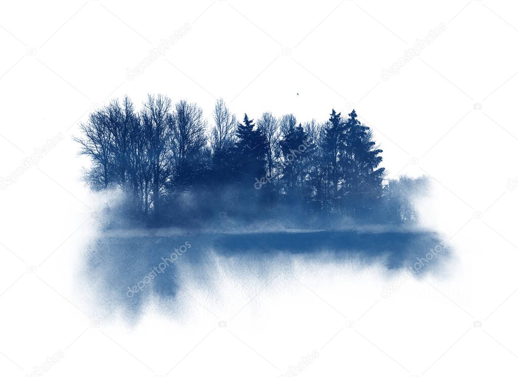 Blue Trees white paper, watercolor illustration