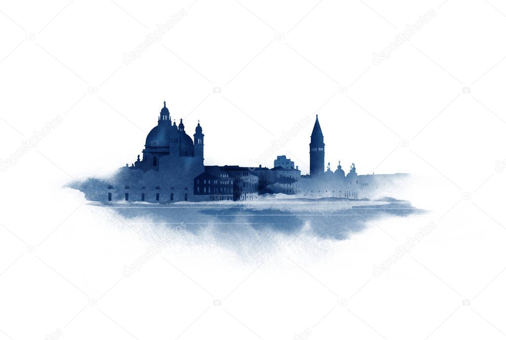 Panoramic view of San Giorgio Maggiore island, Venice, Veneto, Italy. Watercolor sketch.