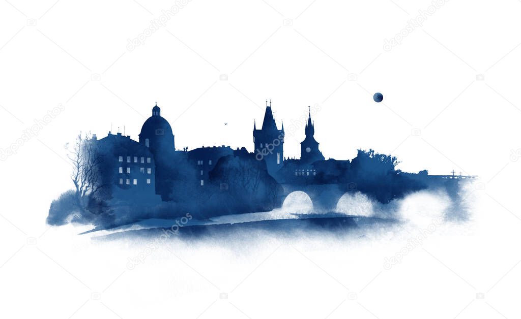 Famous iconic image of Charles bridge, Prague, Czech Republic. Architectural landscape, white paper, watercolor sketch.