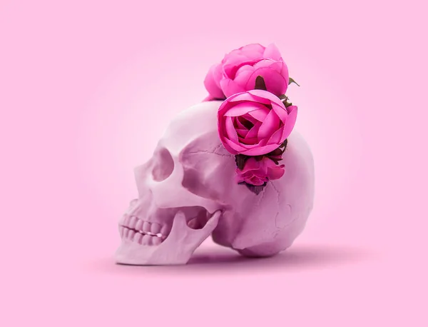 Calavera Con Una Corona Rosas Sobre Fondo Rosa — Foto de Stock