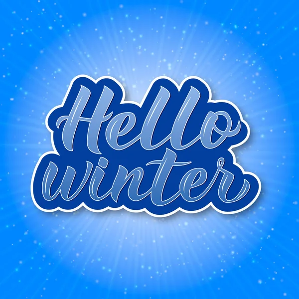 Hallo Winter Kalligrafie Belettering Helder Blauwe Achtergrond Met Sneeuwval Zon — Stockvector