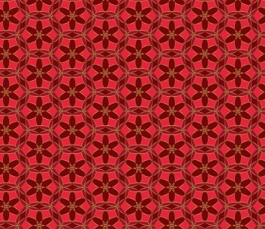 Geometrik mozaik arka plan kırmızı ve altın çiçek dürbünü. Noel sorunsuz dantel modeli. Şark süsleme. Kolay vektör tasarım şablonu için tebrik kartları, kumaş, şal, duvar kağıtları