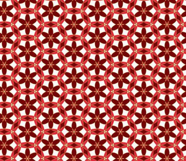 Geometrik mozaik arka plan kırmızı ve altın çiçek dürbünü. Noel sorunsuz dantel modeli. Şark süsleme. Kolay vektör tasarım şablonu için tebrik kartları, kumaş, şal, duvar kağıtları