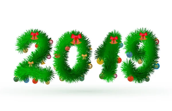 Los números de 2019 están hechos de ramas de abeto con bolas de Navidad. Piel — Vector de stock