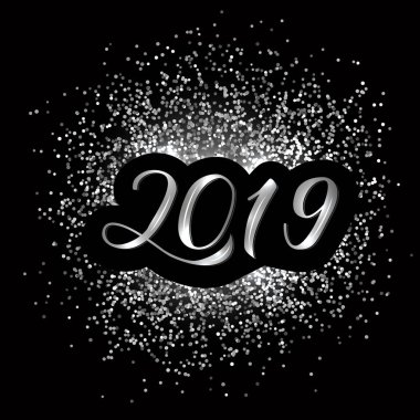 2019 el yeni yıl için yazı gümüş sim bacground.3d hat numaraları çizilmiş. Tatil partisi poster. Banner, işaret, tebrik kartı vb için vektör şablonu düzenlemek kolay. 