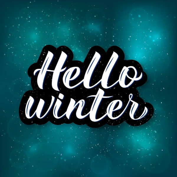 Hallo Winter Hand Getrokken Helder Blauwe Achtergrond Met Bokeh Sneeuwt — Stockvector