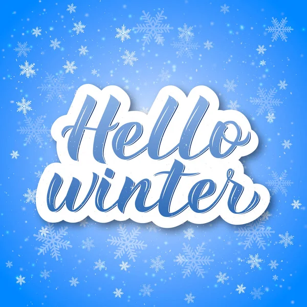 こんにちは 冬書道レタリング 雪が飛んで明るい青色の背景 冬のパーティの装飾 休日気分ベクトル イラスト 簡単バナー グリーティング カードなどのテンプレートを編集するには — ストックベクタ